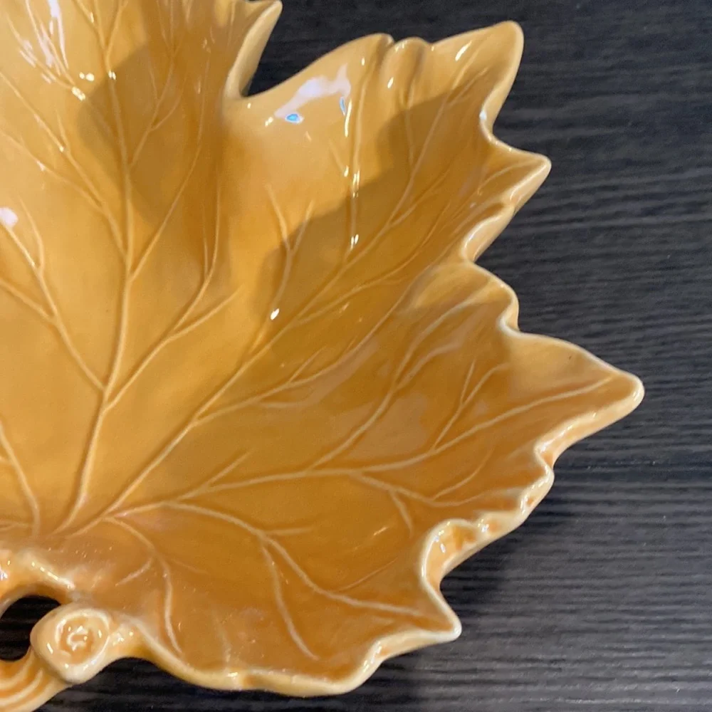 Lovely Large Fall Leaf serving dish. Mustard yellow. Raised veins in leaf. Cute!